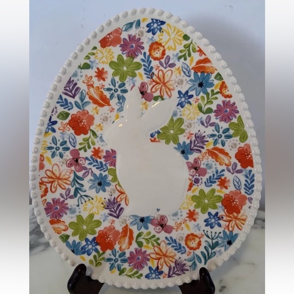 Pier 1 Easter Bunny Rabbit Plate Egg Shaped Embossed Multicolored Flowers - Picture 1 of 9